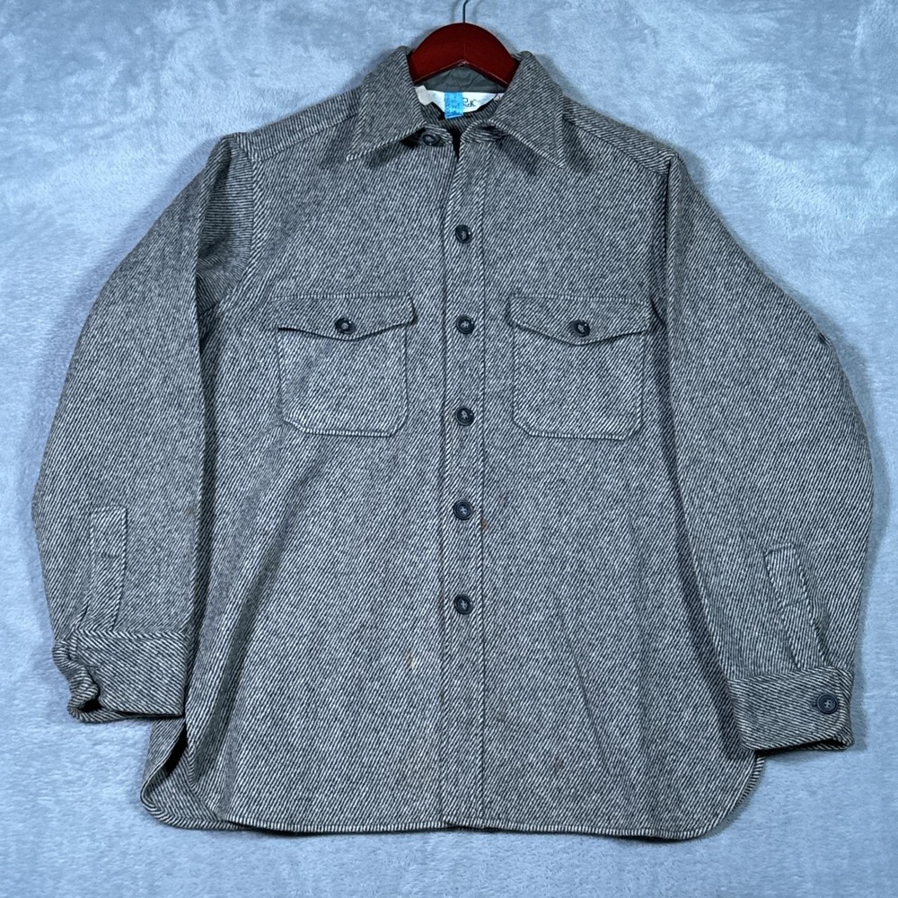 Woolrich Jacket Mens L Gray Wool Herringbone Tweed CPO Shirt Jacket *FLAWS - Picture 2 of 13